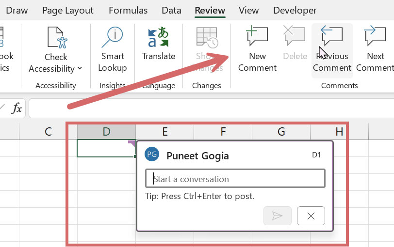 اضافة تعليق الي الاكسل