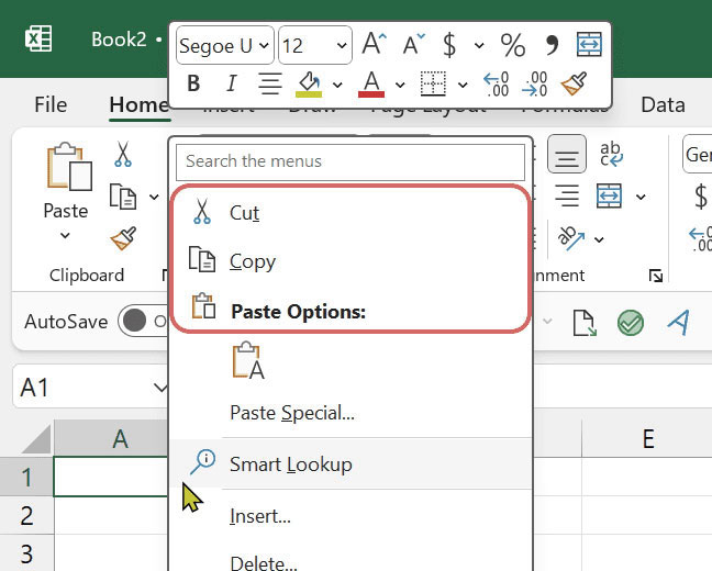النسخ والقص في الاكسل